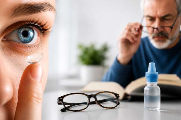 Occhiali e strumenti oculistici per rappresentare miopia, presbiopia e nuove alternative per la salute visiva