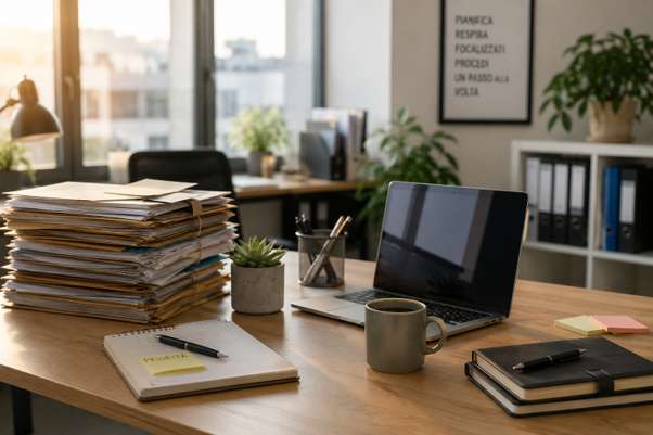 Agenda e scrivania per rappresentare il ritorno alla routine di settembre, lo stress da rientro e la ripartenza consapevole