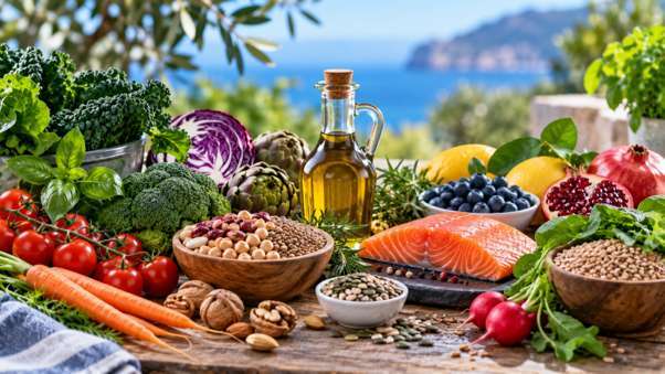 Alimenti freschi e vari della dieta mediterranea, con verdure, frutta, legumi, cereali, salmone, frutta secca, erbe aromatiche e olio extravergine d’oliva.