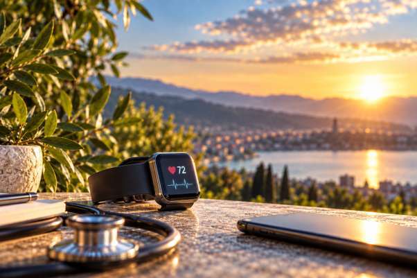 Smartwatch con frequenza cardiaca, stetoscopio e smartphone, strumenti per il monitoraggio della salute e la prevenzione.